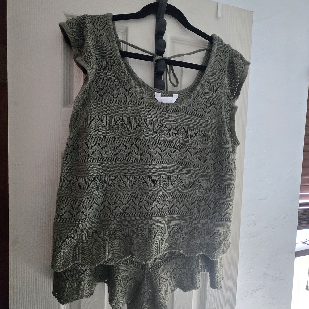 Olive Crochet Layered Scoop Neck Tank With Shorts